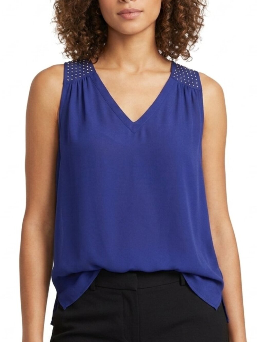 Rebecca Taylor Navy Blue 100% Silk Blouse with Gold Studs on Shoulder Size 10